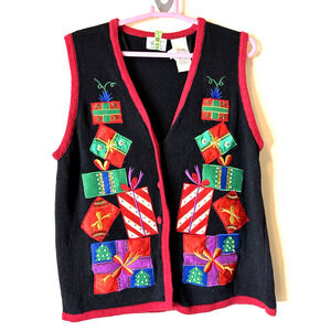 VTG kATHIE LEE Christmas Holiday Sweater Vest Button Up Embroidery BeadS Size M